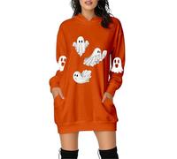 Womens Hoodie Dresses Halloween Pumpkin Trendy Pullover Hoodies Dress Witch Bloodstained Oversized Zombie Scary Fleece Sweatshirt Ghost Holiday with Pockets Black Cat Costume, Orange, XL