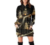 Womens Hoodie Dresses Halloween Witch Fall Winter 2025 Pullover Zombie Bloodstained Long Sleeve Pumpkin Horror Dress Skull Festive Oversized Sweatshirts Black Cat Mini Clothes, Orange, XL