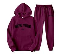 Women's Hoodie Set with Letter Print Hoodie and Jogging Bottoms for Couples, Unisex, York Theme, Casual Wear, Comfortable and Stylish Tracksuit with Hood, Teenager Jewellery, Wine Red, S
