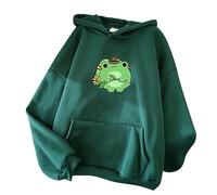 Women's Hoodie Sweatshirt Frog Print Long Sleeve Pocket Top Fleece Crew Neck Pullover Oversized Coat Casual Versatile Sweatshirt Plus Size Outdoor Colours Autumn Winter Green