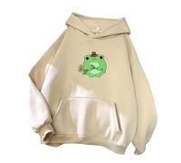 Women's Hoodie Sweatshirt Frog Print Long Sleeve Pocket Top Fleece Crew Neck Pullover Oversized Coat Casual Versatile Sweatshirt Plus Size Outdoor Colours Autumn Winter Khaki