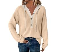 Women's Hoodie Waffle Knit Drawstring Long Sleeve Pullover Sweatshirt Button V Neck Jumper Lightweight Hoody Tops Hooded Sweater Block Color Hoodie Coat for Ladies UK Size 8-18 Beige