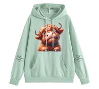 Women's Hoodie with Curious Highland Cow Calf, Hoodie with Cute Animal Motif, Casual Sweatshirt for a Charming Look, style_o04 green, XL
