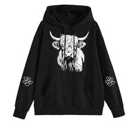 Women's Hoodie with Drawn Highland Cow Motif - Hoodie with Sketched Cow Portrait | Casual Sweatshirt for Animal and Nature Lovers, style_r02 black, XXL