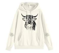 Women's Hoodie with Drawn Highland Cow Motif - Hoodie with Sketched Cow Portrait | Casual Sweatshirt for Animal and Nature Lovers, style_r01 beige, S