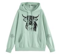 Women's Hoodie with Drawn Highland Cow Motif - Hoodie with Sketched Cow Portrait | Casual Sweatshirt for Animal and Nature Lovers, Style_r04 Green, M