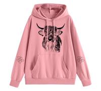 Women's Hoodie with Drawn Highland Cow Motif - Hoodie with Sketched Cow Portrait | Casual Sweatshirt for Animal and Nature Lovers, style_r06 pink, XL