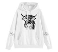 Women's Hoodie with Drawn Highland Cow Motif - Hoodie with Sketched Cow Portrait | Casual Sweatshirt for Animal and Nature Lovers, Style_r07 White, M