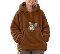 Women's Hoodie With Pet Pocket Fluffy Sherpa Cat Cuddle Sweatshirt | Women's Hoodie With Pet Pocket Soft Fleece Animal Snuggle Pouch Warm Jumper Oversized Winter Lounge Brick Red XXL