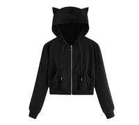 Women's Hoodies Cute Cat Ear Long Sleeve Cropped Sweatshirts Solid Color Drawstring Lightweight Crop Jacket Tops Casual Gothic Soft Hooded Outwear Aesthetic Y2K Outfits