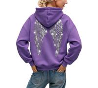 Womens Hoodies Plus Size Rhinestone Angel Wings Hoodie Long Sleeve Sweatshirt Y2K Hip Hop Retro Streetwear Unisex Autumn Winter Spring Pullover with Pockets Christmas Halloween Costumes