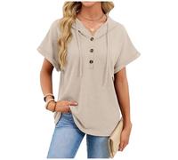 Women's Hoodies Waffle Knit Ladies T-Shirts Drawstring Button UP Womens Pullover Sweatshirt V Neck Short Sleeve Jumpers Women Hooded Tops Loose Henley Shirts Plain Casual Tunic Tops S-XXL