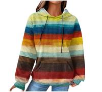 Womens Hoodies Waffle Knitted Sweater Oversized Sweatshirt with Pockets Drawstring Waffle Long Sleeve Pullover Vintage Casual Rainbow stripe print Sweatshirts Trendy Fall Jumper Top Multicolor M