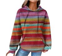 Womens Hoodies Waffle Knitted Sweater Oversized Sweatshirt with Pockets Drawstring Waffle Long Sleeve Pullover Vintage Casual Rainbow stripe print Sweatshirts Trendy Fall Jumper Top Purple XXL