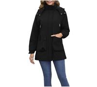 Womens Hoodies Winter Waterproof Jacket Mid-Length Winter Coats Thick Fleece Warm Hooded Windproof Jackets with Packets Solid Color Parka Raincoat Warm Snow Coat for Outdoor Climbing Black M