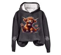 Women's Hoodies with Cute Highland Cow Print - Casual and Characterful Long Sleeve Sweatshirt for Animal Lovers Lightweight Vintage Animal Print Hooded Top (Dark Green, L) Highland Cow