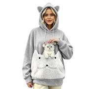 Women's Hoodies With Pet Pouch Cat Ear Fluffy Pocket Animal Pullover | Women's Hoodies With Pet Pouch Cute Kitten Snuggle Carrier Warm Jumper Long Sleeve Casual Winter Top Light Ashy M