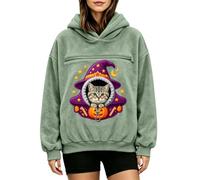 Women's Hoodies with Pet Pouch Halloween Witch Graphic Sweatshirt | Fluffy Sherpa Outer Shell Lining, Front Animal Holding Ring Enclosure, Enchanted Artwork, Ribbed Cuffs Green XXL
