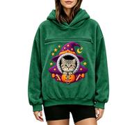 Women's Hoodies with Pet Pouch Halloween Witch Graphic Sweatshirt | Fluffy Sherpa Outer Shell Lining, Front Animal Holding Ring Enclosure, Enchanted Artwork, Ribbed Cuffs Blackish Green XXL