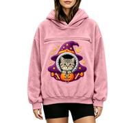 Women's Hoodies with Pet Pouch Halloween Witch Graphic Sweatshirt | Fluffy Sherpa Outer Shell Lining, Front Animal Holding Ring Enclosure, Enchanted Artwork, Ribbed Cuffs Pink XXL