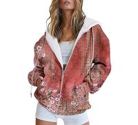 Womens Hoodies Zip up Oversized Sweatshirts Soft Casual Womens Jacket with Drawstring Pocket Long Sleeve Autumn Fashion Floral Prints Zipper Sport Coat Loose Women's Ladies Sweatshirt