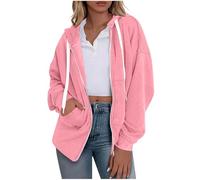 Womens Hoodies Zip Up Sweatshirt Jacket Tops Solid Colour Hoody Coat with Pcokets Loose Fit Outerwear Lightweight Ladies Sweatshirts Drawstring Hooded Jackets Fashion Coats Casual Hoodie Pink