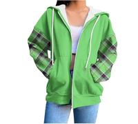 Womens Hoodies Zip Up Sweatshirt Plaid Printed Jacket Coat Drawstring Hooded Sweatshirts Tops with Pockets Lightweight Ladies Hoodie Loose Fit Sweatshirt Fall Winter Coats Loungewear