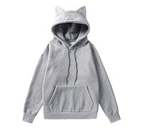 Women's Hoody Fleece Long Sleeve 3D Cat Ears Drawstring Sweatshirts with Pockets Sweatshirts with Pockets Drawstring Pullover Hoodie Sweatshirt Top Grey