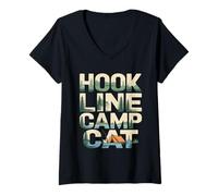 Women's Hook Line Camp Cat Funny Camping Fishing V-Neck T-Shirt
