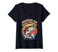 Womens Hooked On Bass Fishing Sunset Passion V-Neck T-Shirt