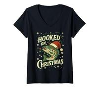 Womens Hooked On Christmas Matching Tee Funny Fishing Xmas Pajama V-Neck T-Shirt