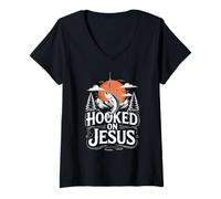 Womens Hooked on Jesus Christ Faith Hope Love Religious V-Neck T-Shirt