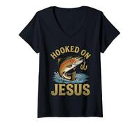 Women's Hooked On Jesus Fish Faith Fishing Christian V-Neck T-Shirt