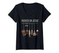 Women's Hooked On Jesus Fish Faith Fishing Christian V-Neck T-Shirt