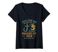 Womens Hooked on Jesus, Fishing for souls, Matthew 4:19 apparel V-Neck T-Shirt