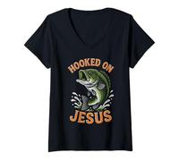 Womens Hooked On Jesus Funny Pun Christian Faith Fishing Lover V-Neck T-Shirt