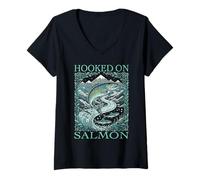 Womens Hooked ON Salmon Fishing Fisherman River Fishes rods reels V-Neck T-Shirt
