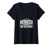 Women's Hooked On The River Fly Fishing Trout Angler V-Neck T-Shirt