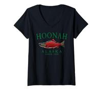 Womens Hoonah Alaska Salmon Fishing Since 1898 Green Letters V-Neck T-Shirt