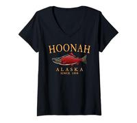 Womens Hoonah Alaska Salmon Fishing Since 1898 Orange Letters V-Neck T-Shirt