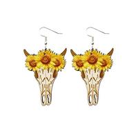 Womens Hoop Earrings Western Cowboy Sunflower Earrings Wooden Drops Retro Boots Personality Fashion Bull Head Moon Star Set (D, One Size)