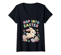 Women's Hop Into Easter Bunny Cartoon Design V-Neck T-Shirt