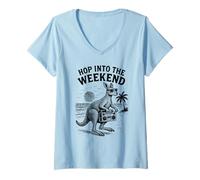 Womens Hop Into The Weekend Kangaroo Animal Graphic V-Neck T-Shirt