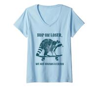 Women's Hop On We're Having a Crisis Skateboard Raccoon Crisis Funny V-Neck T-Shirt