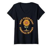Womens Hope Takes Root, Courage Blooms Quote V-Neck T-Shirt