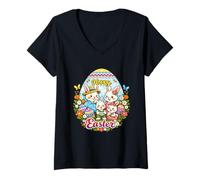 Women's Hoppy Easter Bunny Family Cute Spring Floral Egg V-Neck T-Shirt