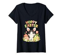 Women's Hoppy Easter Cute Black and White Bunny Easter Egg Hunt V-Neck T-Shirt