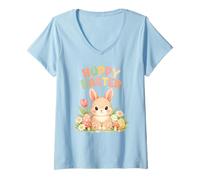 Women's Hoppy Easter Cute Bunny Rabbit Spring Flowers and Eggs V-Neck T-Shirt