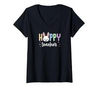 Women's Hoppy Teacher Happy Easter Bunny Graphic V-Neck T-Shirt