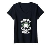 Womens Hoppy Thoughts Only Cute Frog Pun Spring Happy V-Neck T-Shirt